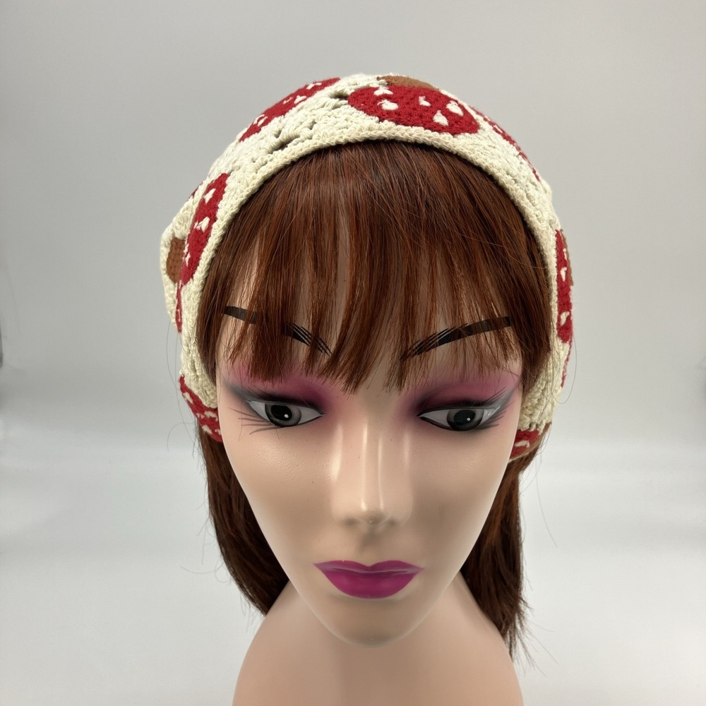 Crochet Mushroom Bandana Hair Kerchief Cottagecore Boho Head Scarf Red Cream Hip - Picture 4 of 10